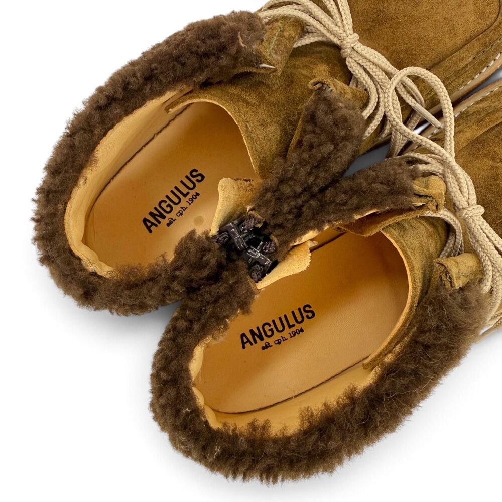 NEW Angulus Kid's Suede Chukka Moccasin Boot Shearling Trim Apron Toe Brown EU32 - Picture 4 of 12